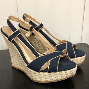 Lilly Pulitzer Women’s Navy Gold Platform Wedge Heels Espadrille Sandals size 8